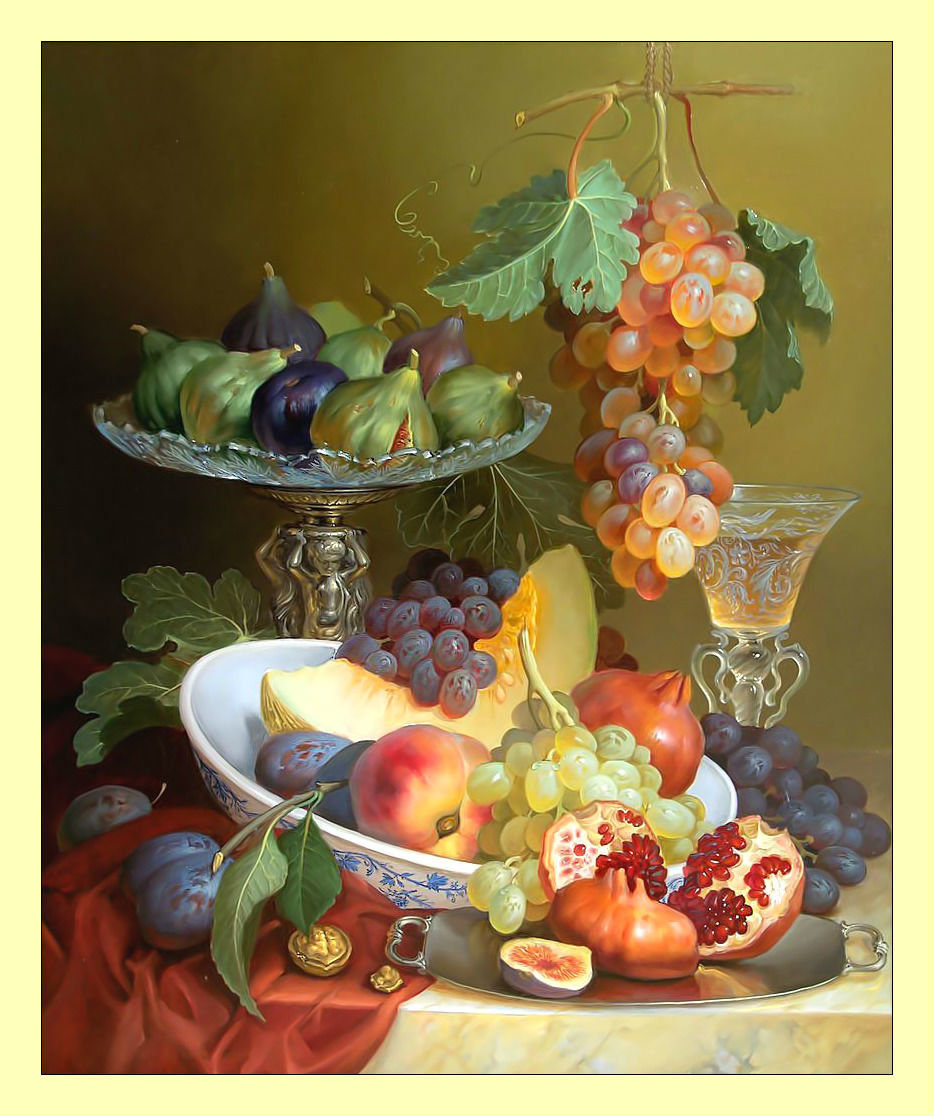 Натюрморт с инжиром. - инжир, живопись, персики, виноград, натюрморт, гранат, фрукты - оригинал