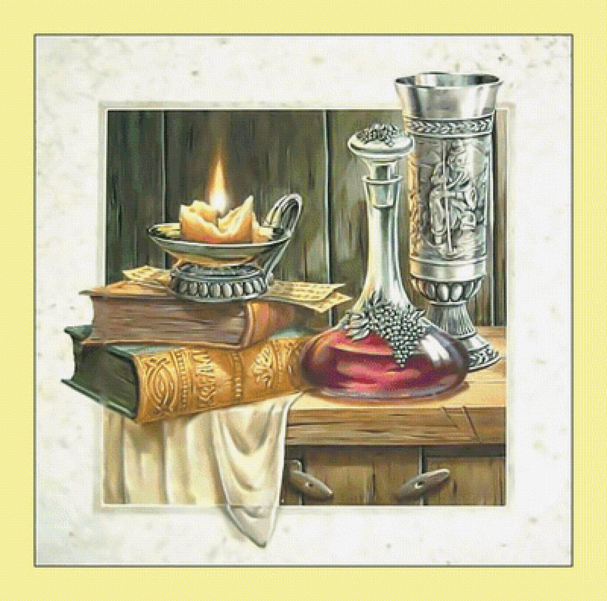 Натюрморт со свечой. - свеча, кубок, живопись, книга, натюрморт - предпросмотр