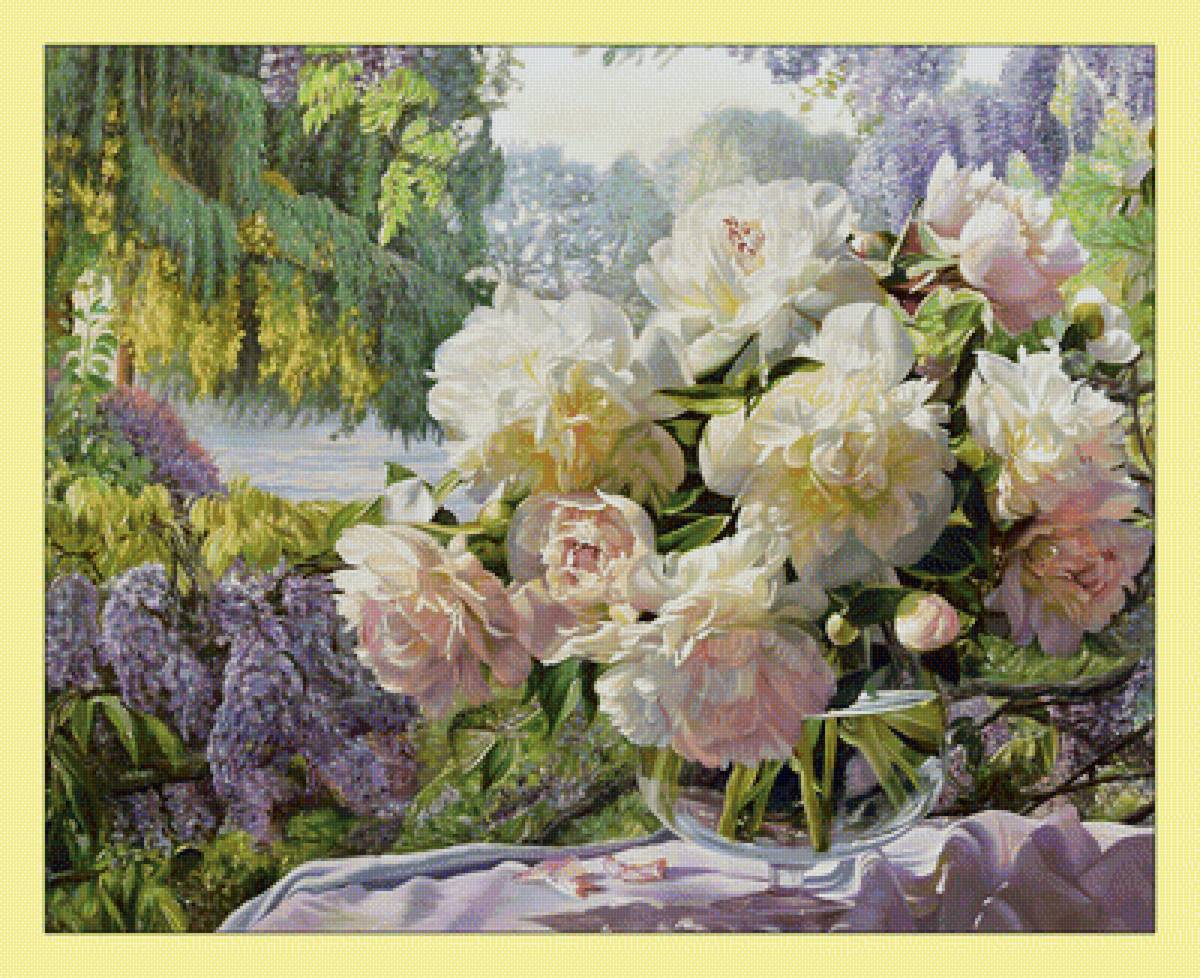 Пионы в саду. - букет, пейзаж, живопись, цветы, сад, пионы - предпросмотр