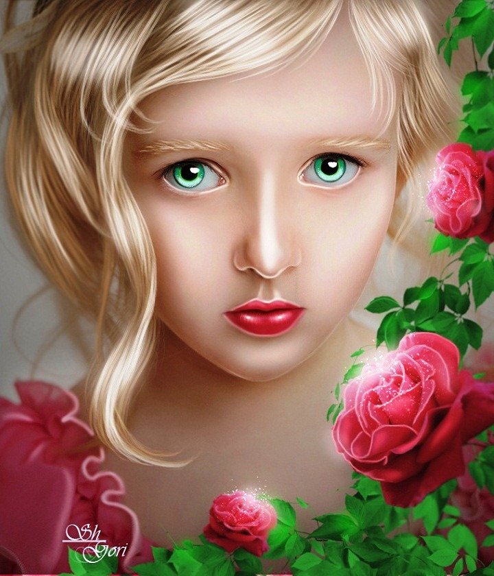 Девочка с цветами - девочка, зеленые глаза, цветы - оригинал