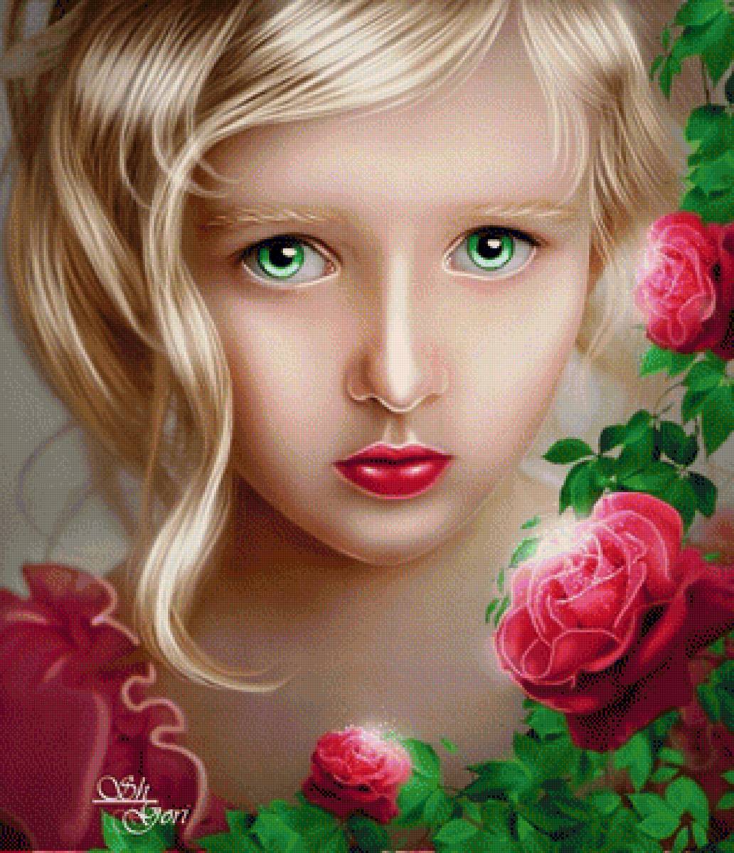 Девочка с цветами - девочка, зеленые глаза, цветы - предпросмотр