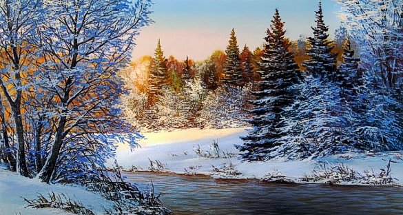 зимний пейзаж - зима, деревья, пейзаж, река, елки - оригинал