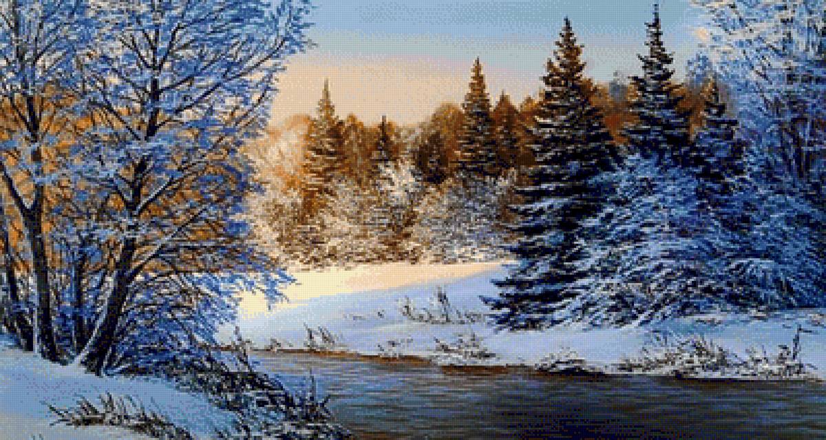 зимний пейзаж - елки, зима, пейзаж, деревья, река - предпросмотр