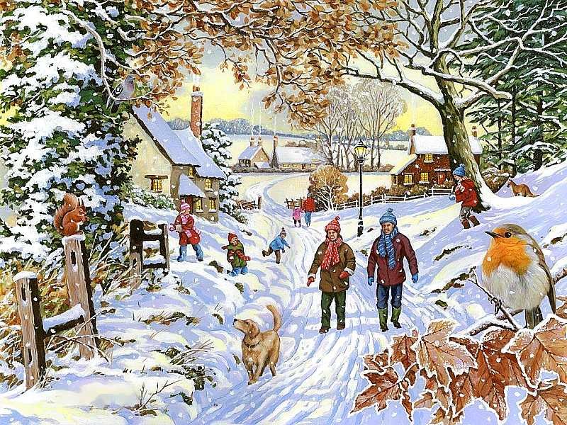 Зимняя прогулка - зима, игра, люди, птичка.собака, дети - оригинал