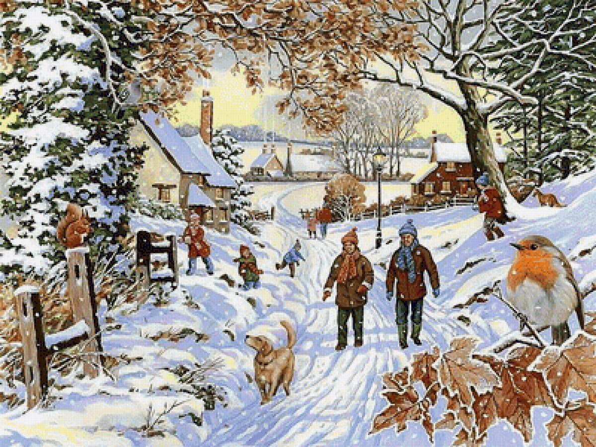 Зимняя прогулка - дети, птичка.собака, люди, игра, зима - предпросмотр