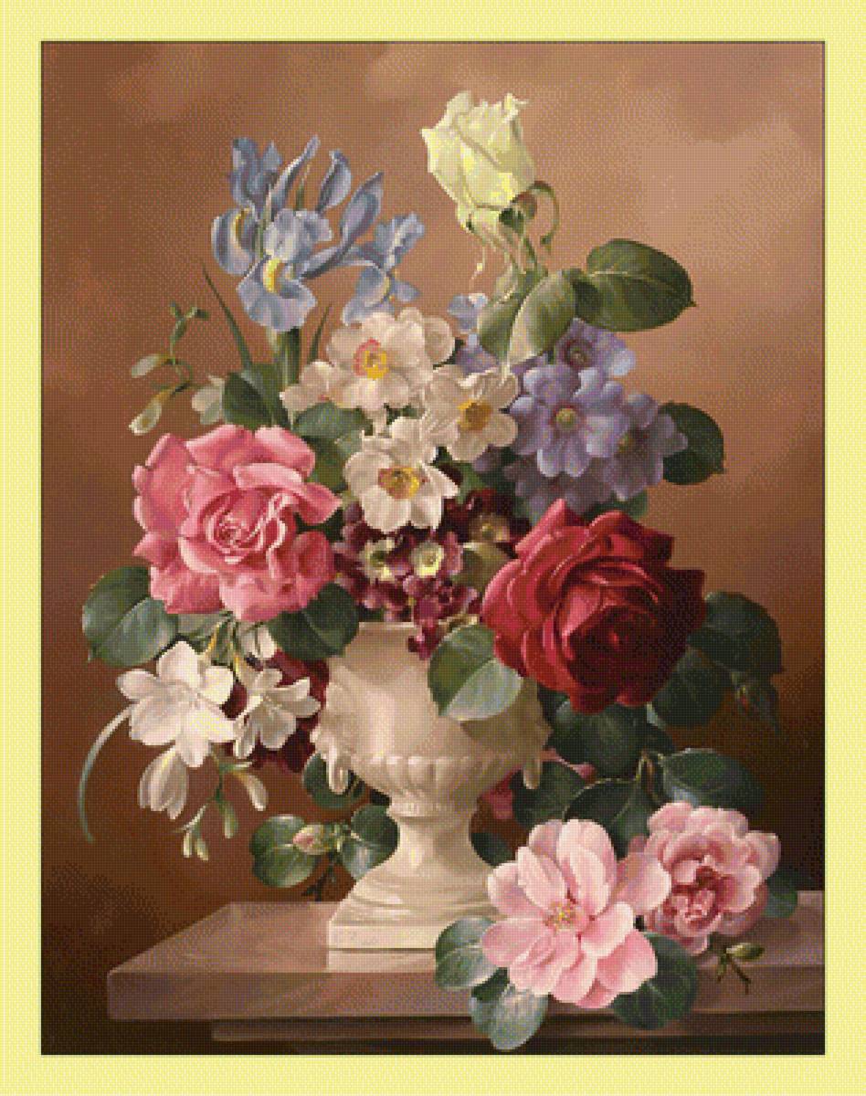 Букет. - ирисы, цветы, ваза, живопись, розы, букет - предпросмотр