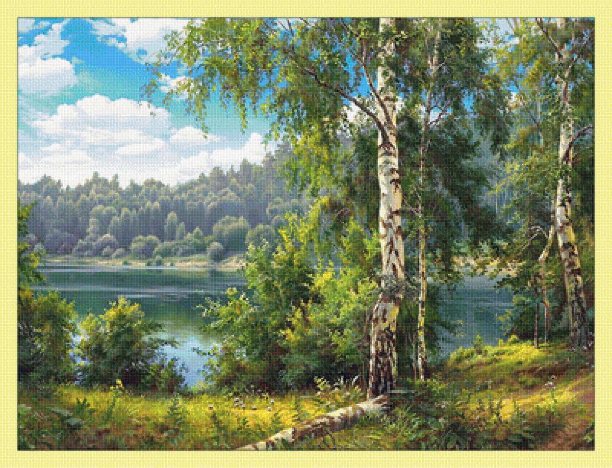 Пейзаж у реки. - пейзаж, природа, лес, живопись, березы, река - предпросмотр