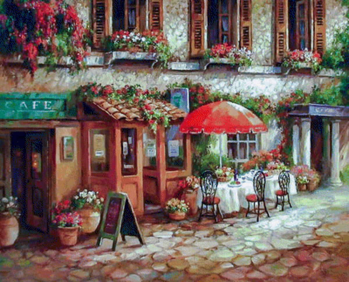Mediterranean Cafe. - paul guy gantner painter.scenarys.flowers and gardens. - предпросмотр