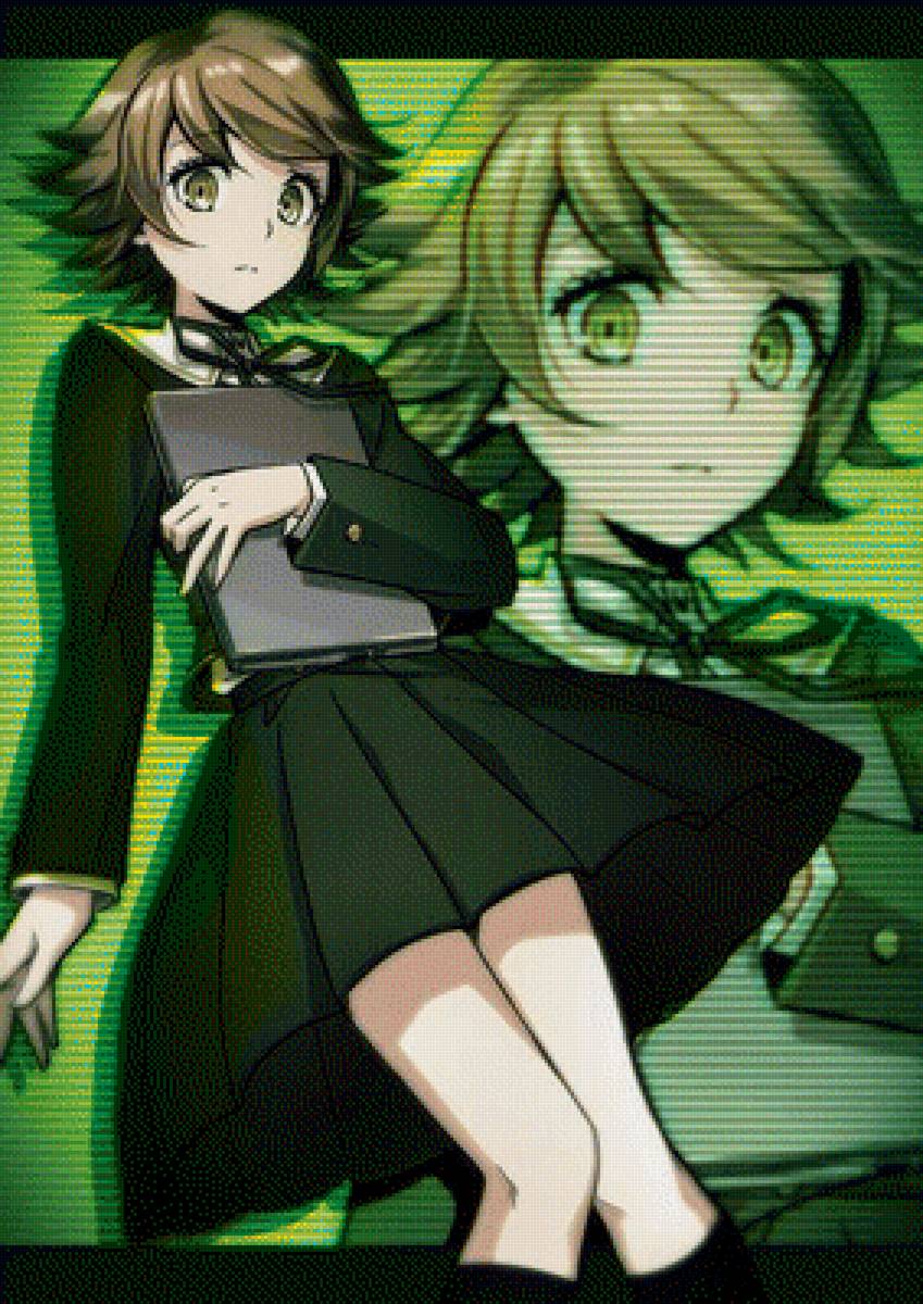 вышивка крестом фудзисаки чихиро с ноутбуком в руках стоит - школа отчаяния, девочка, эмоции, руки, аниме, ронпа, техника - предпросмотр