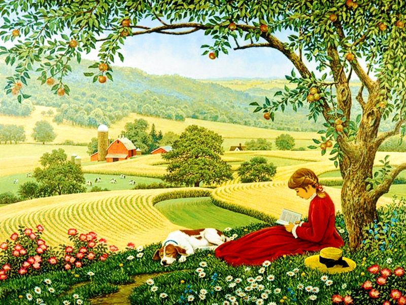 №1993169 - поле, девочка, собачка, дерево, цветы - оригинал