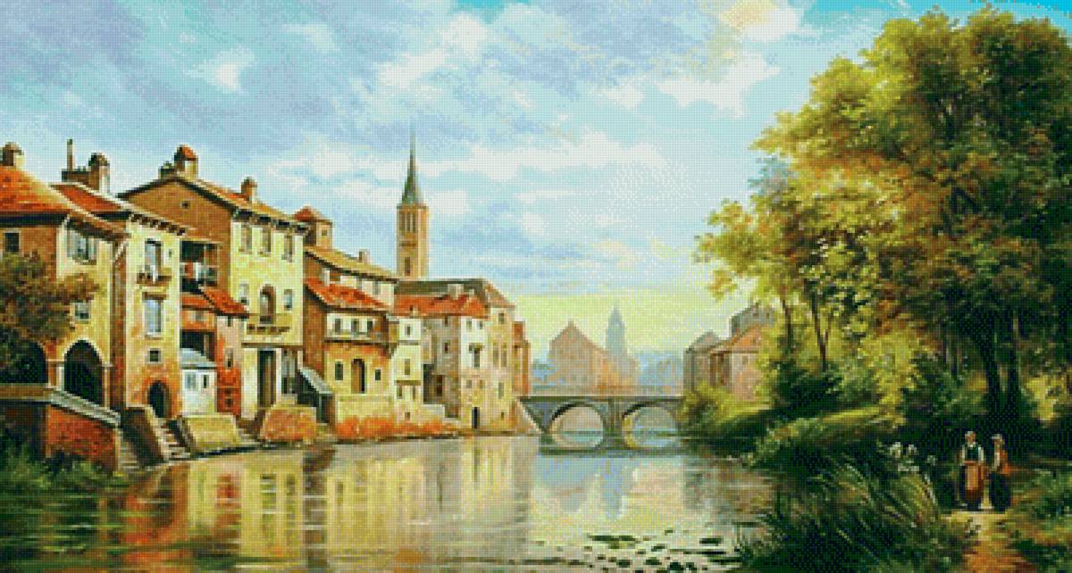 №1993181 - пейзаж, старый город, деревья, река, мост - предпросмотр