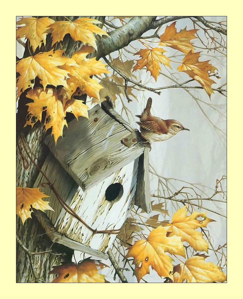 Птичка. - скворечник, птицы, осень, живопись, листва - оригинал