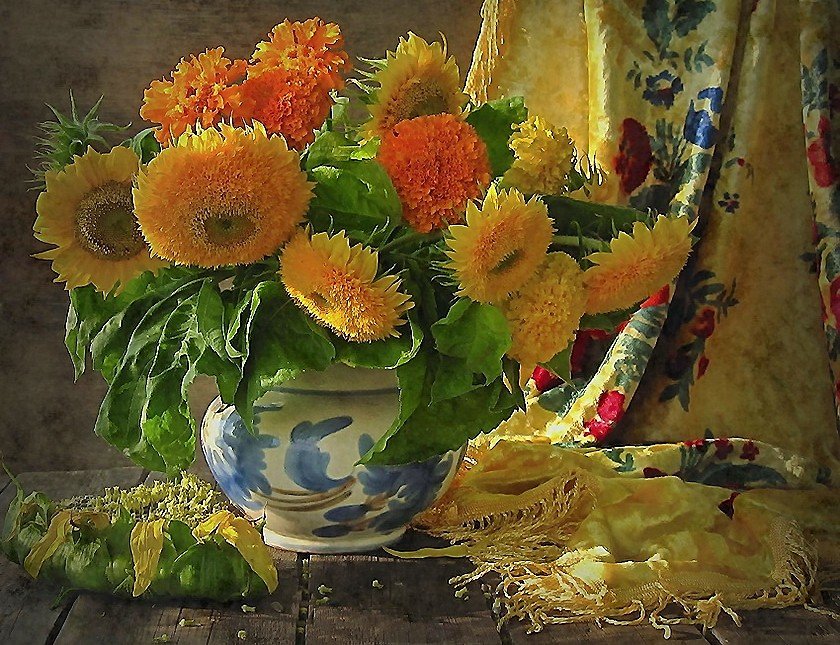 Натюрморт - шаль, бархотки, цветы - оригинал