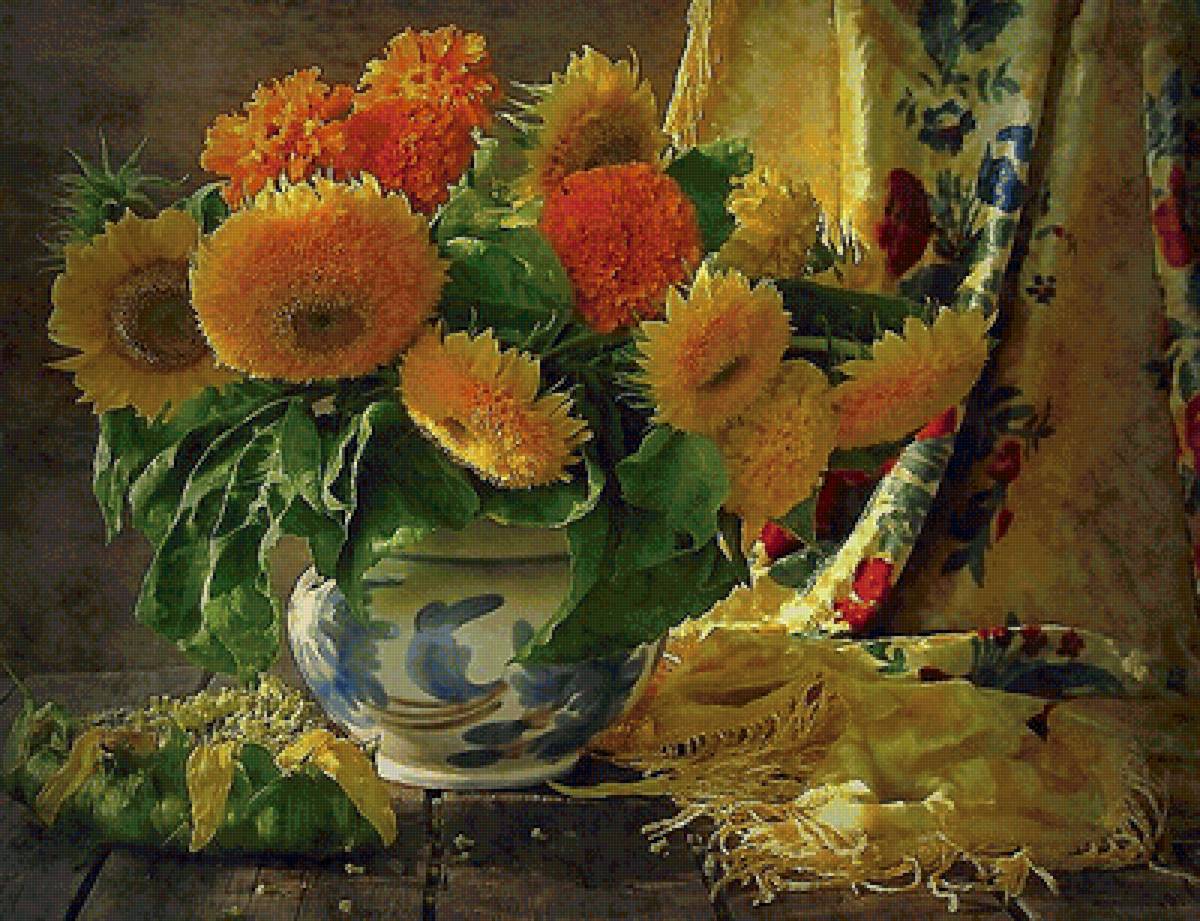 Натюрморт - шаль, бархотки, цветы - предпросмотр