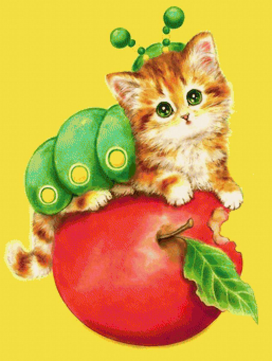 котёнок и яблоко - яблоко, гусеница, котенок - предпросмотр