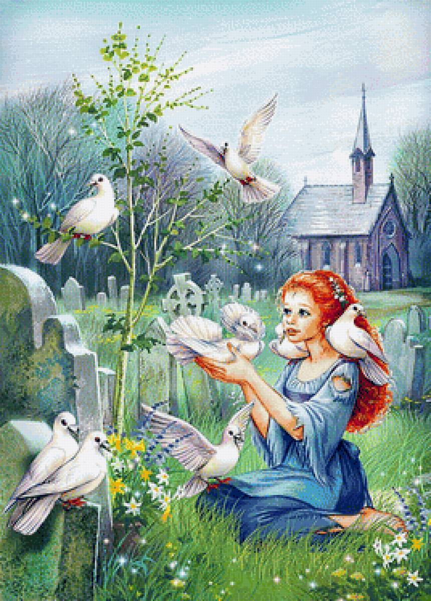 Девочка и голуби - девочка, голуби - предпросмотр