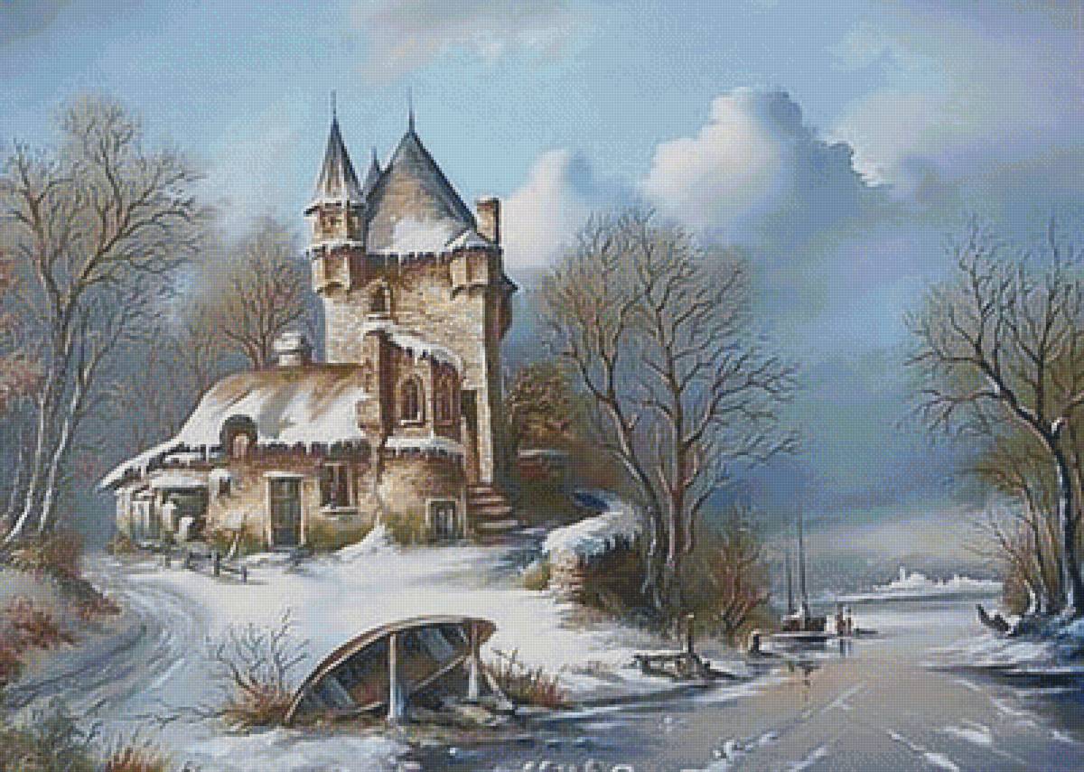 Голландский пейзаж - лодка, домик, река, пейзаж, деревья, зима - предпросмотр