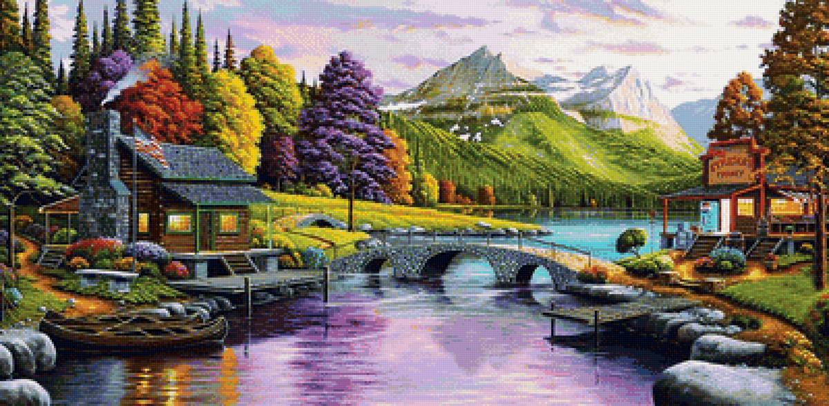 домик у реки - деревья, домик, мостик, река, горы - предпросмотр