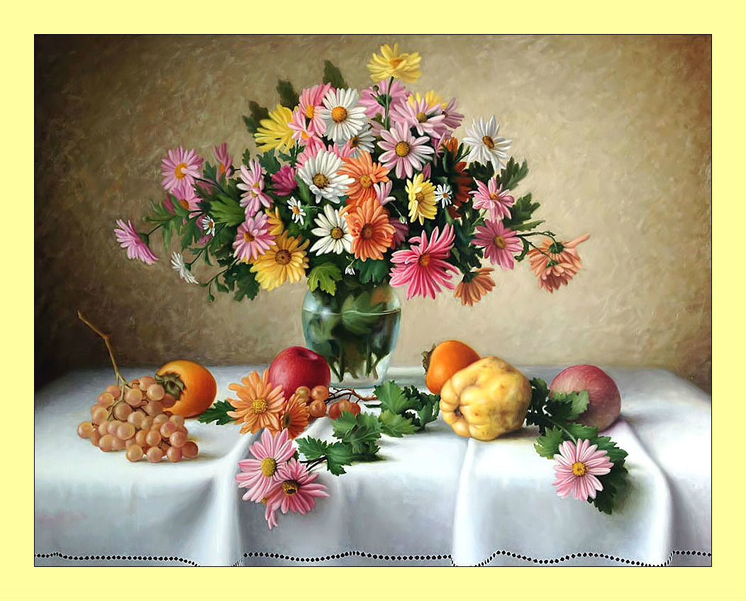Цветочный натюрморт. - фрукты, натюрморт, ягоды, букет, цветы - оригинал