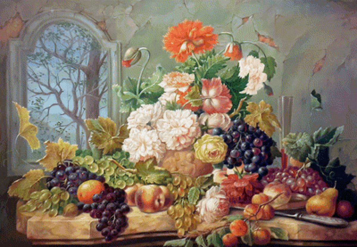 Натюрморт. Изобилие. - цветы, ягоды, букет, натюрморт, живопись, виноград, фрукты - предпросмотр