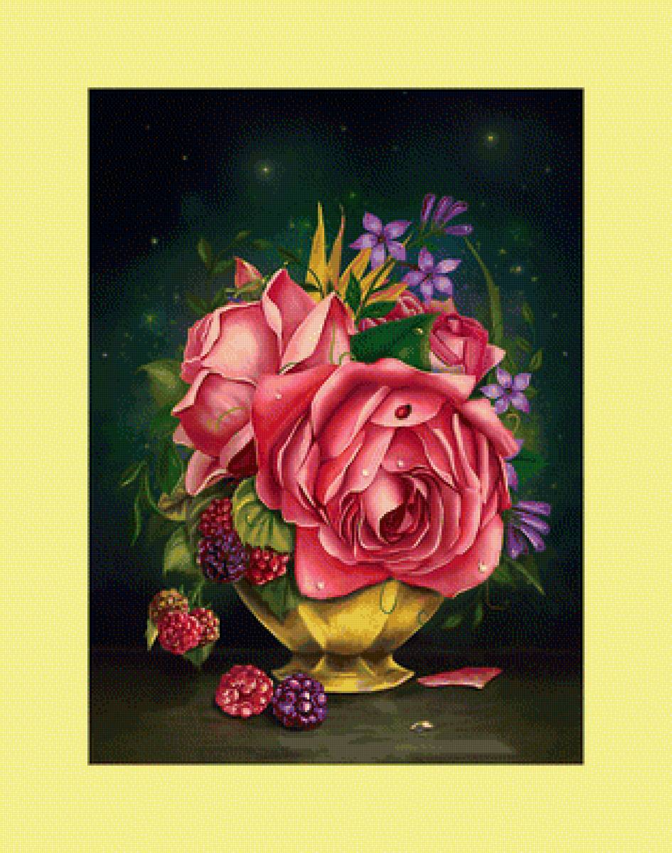 Букетик. 229/314 крестов. - ягоды, букет, розы, цветы - предпросмотр
