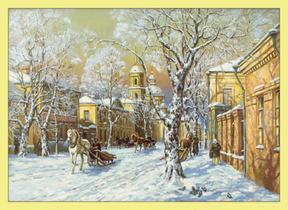 Зимний городской пейзаж. - экипаж, пейзаж, улица, живопись, город, зима, снег - предпросмотр