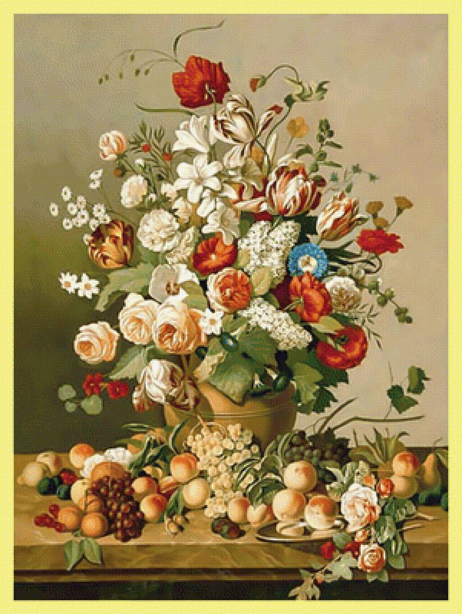 Фруктово-цветочный натюрморт. - живопись, букет, ягоды, натюрморт, фрукты, цветы - предпросмотр