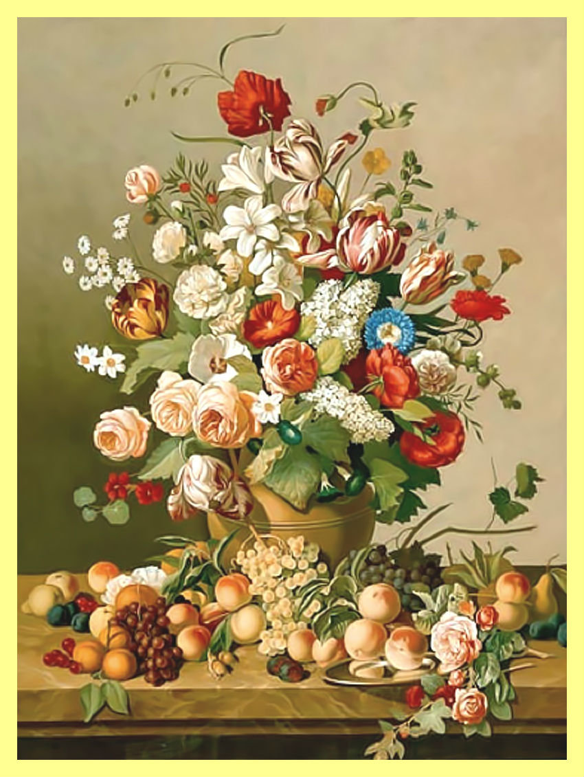 Фруктово-цветочный натюрморт. - живопись, ягоды, букет, фрукты, натюрморт, цветы - оригинал