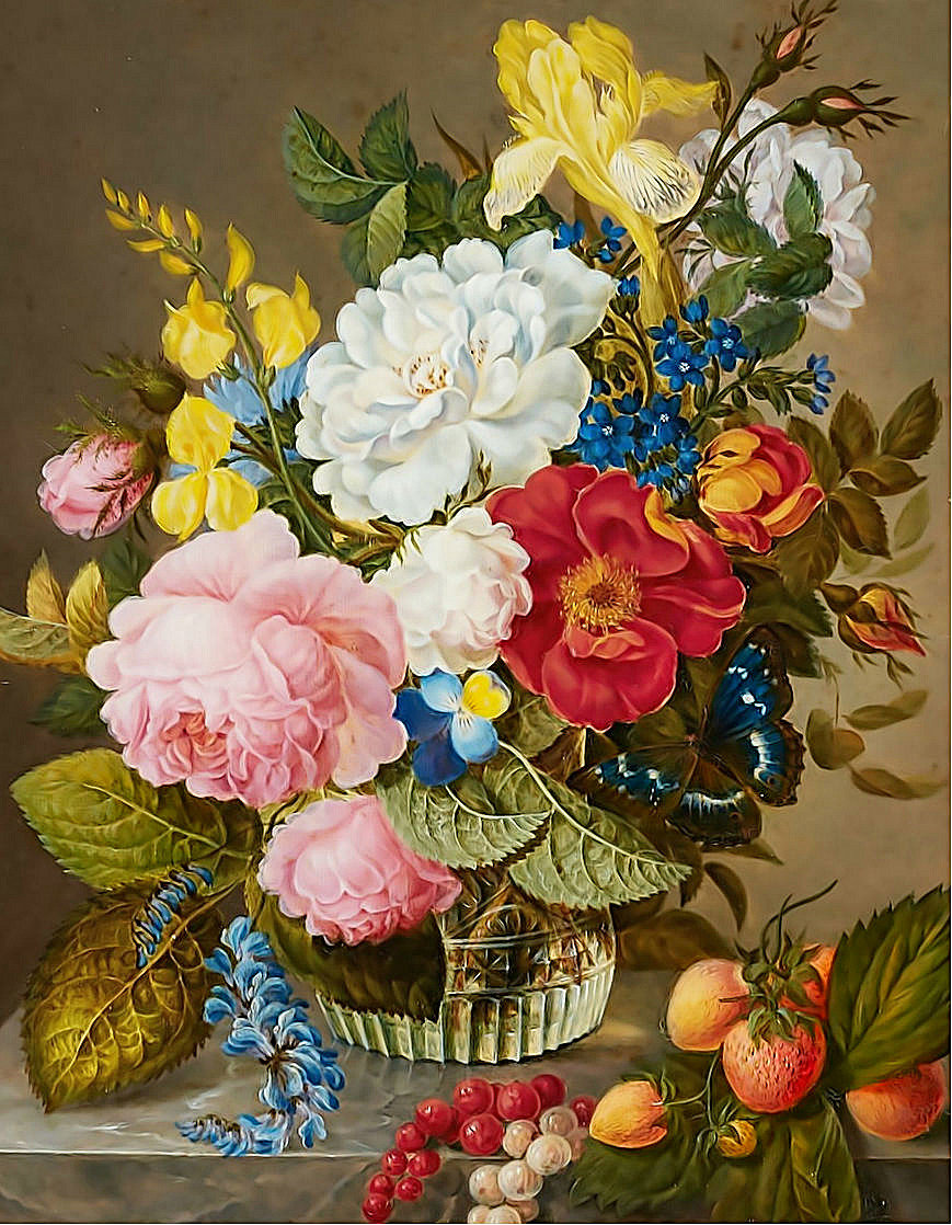Натюрморт - розы, ирис, цветы, клубника - оригинал