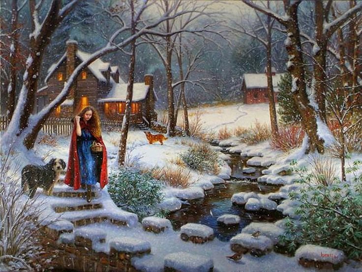 Золушка /по картине Марка Китли/ - девушка, зима, ручей, домик, лес - оригинал