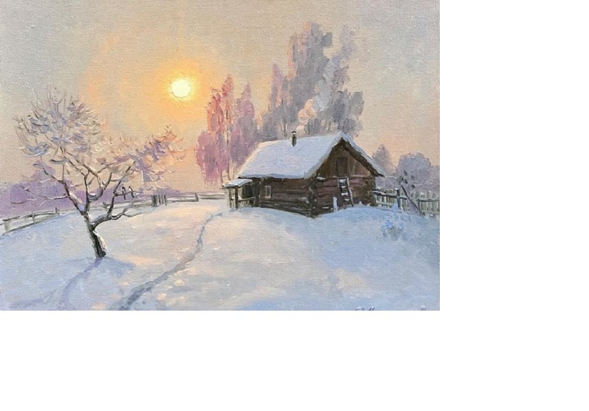 Зимнее солнце /худ. Викентий Лукиянов/ размер 300х210 крест - зима, солнце, деревня, избушка - оригинал