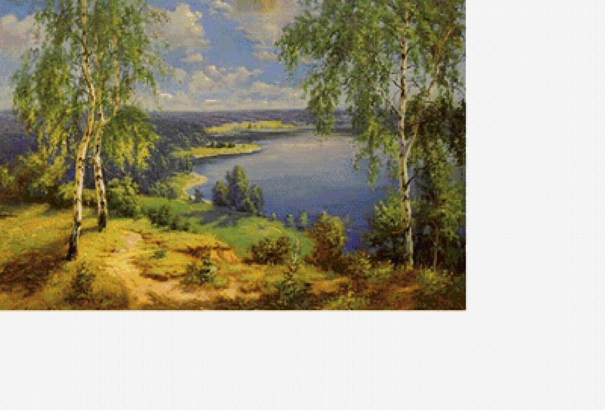Волжские просторы /размер 308х205 крест/ - лето, берег, река, березки - предпросмотр