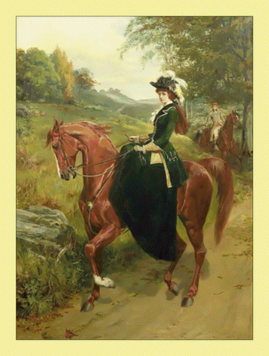 Дама на коне. - девушка, конь, лошадь, старинная, дама, наездница - предпросмотр