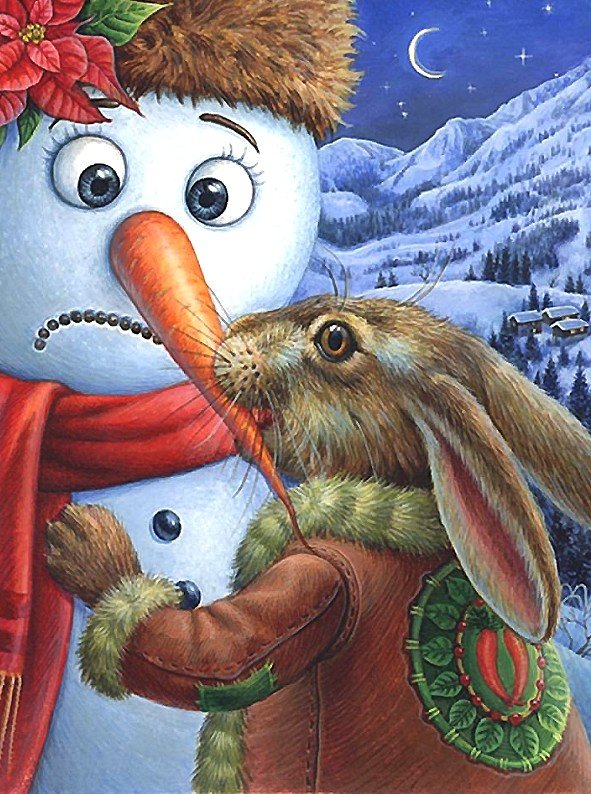 заяц и снеговик - зима, снеговик, заяц, луна - оригинал