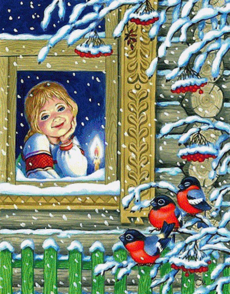 зимняя - девочка, снегири, рябина, зима - предпросмотр