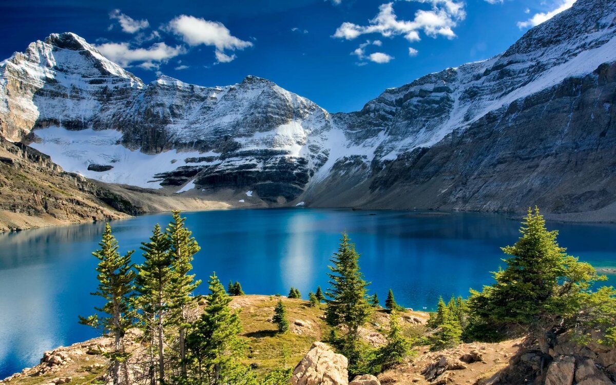 Горное озеро - синий, озеро, снег, небо, простор, облака, горы, река, лес, вода - оригинал