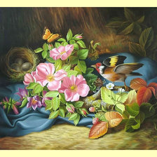 Оригинал схемы вышивки «Цветочный натюрморт с птичкой.» (№1996234)