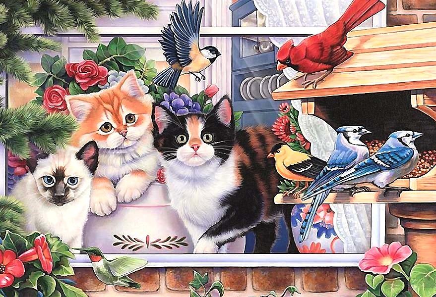 котята на окне - котята, птицы - оригинал