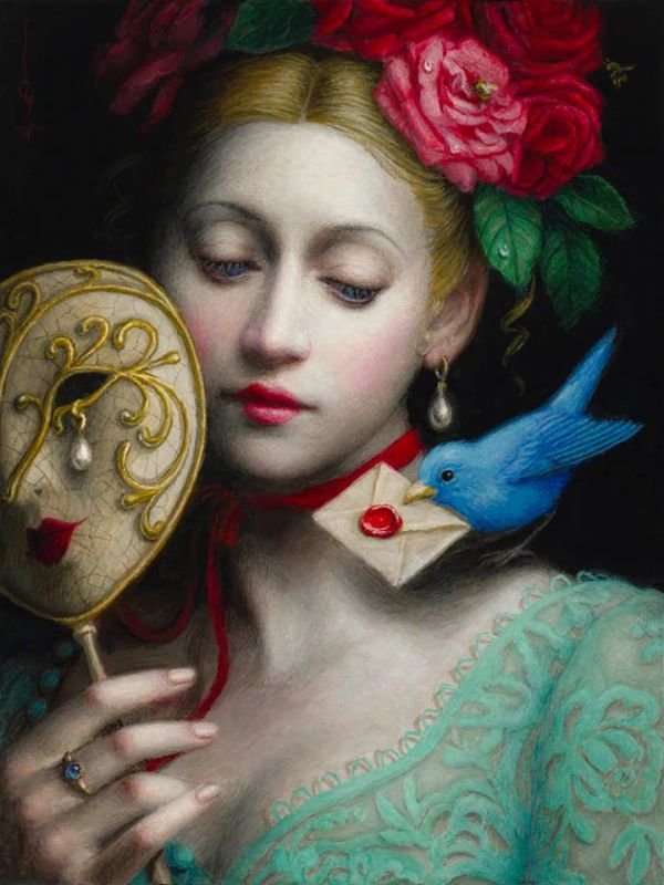 Девушка с маской и птицей, письмо - оригинал