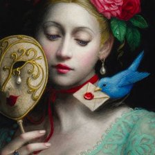 Девушка с маской и птицей, письмо