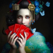 Схема вышивки «Гейша с картами и черным котом»
