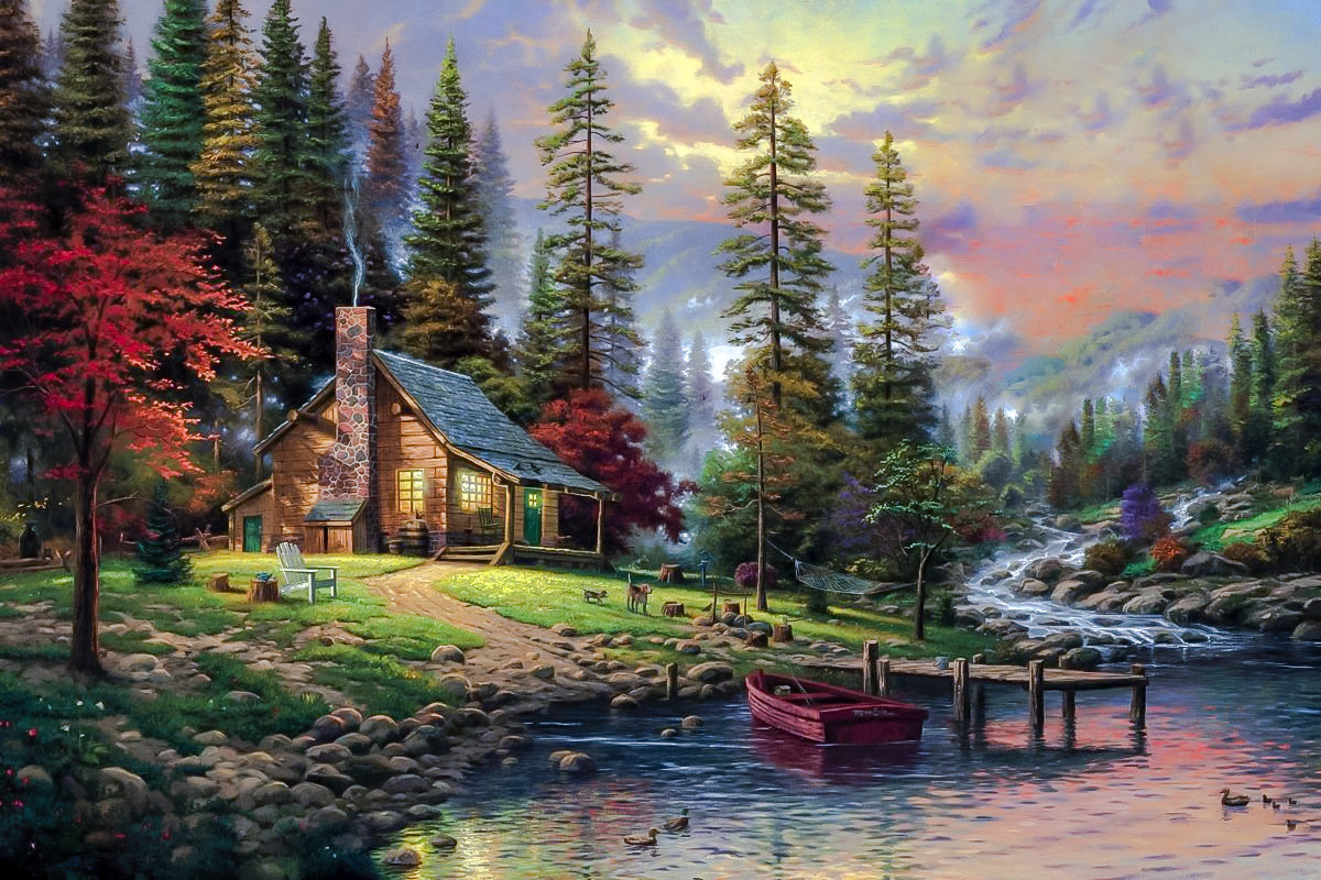 A Peaceful Retreat. - thomas kinkade paintings.landscape.scenary.animals.birds. - оригинал