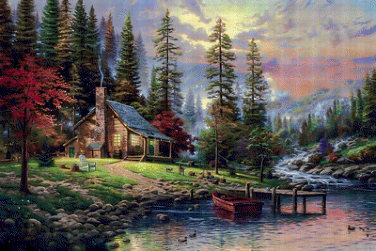 A Peaceful Retreat. - thomas kinkade paintings.landscape.scenary.animals.birds. - предпросмотр