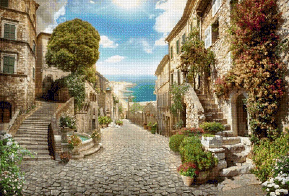 Улица цветов - вид на море, улица, природа, цветы, лето - предпросмотр