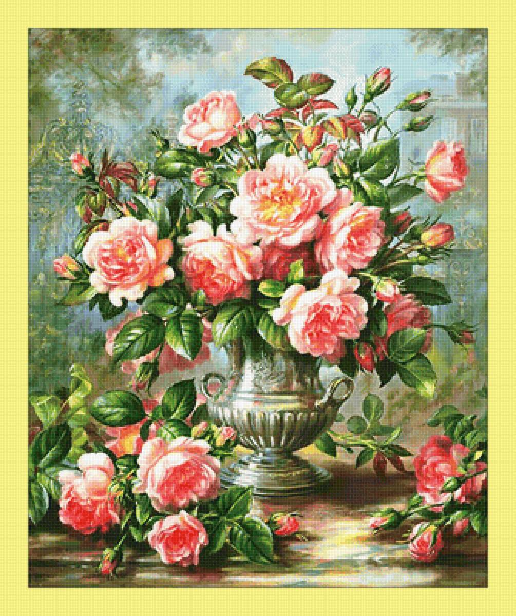 Букет роз. - розы, цветы, букет, ваза, живопись - предпросмотр