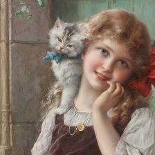 Схема вышивки «Молодая девушка с котятами»