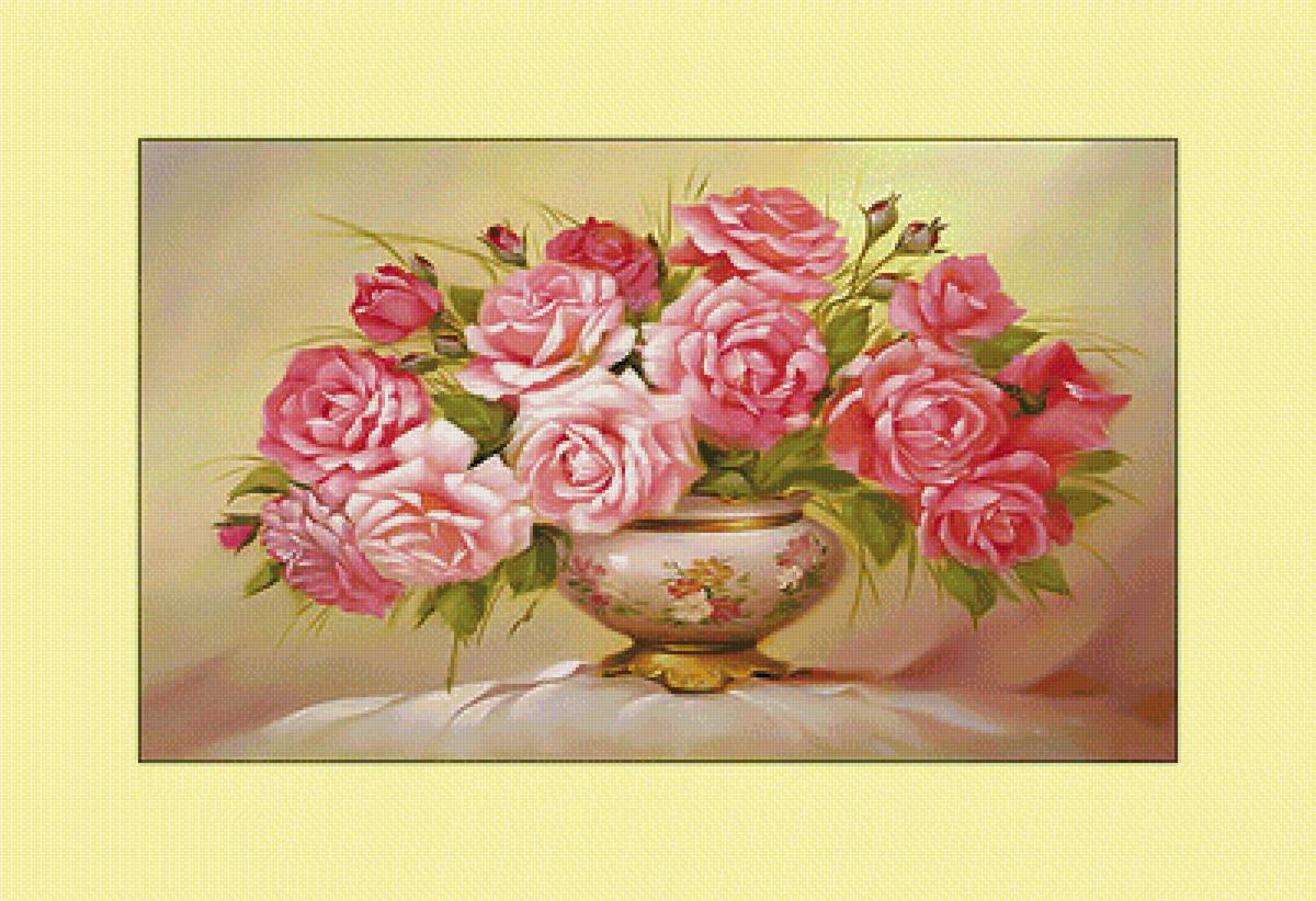 Розовый букет. - ваза, букет, розы, цветы, живопись - предпросмотр