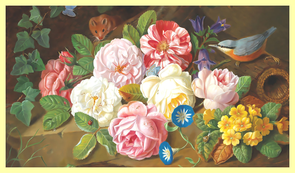 Цветочный натюрморт с птичкой. - розы, живопись, натюрморт, птица, цветы - оригинал