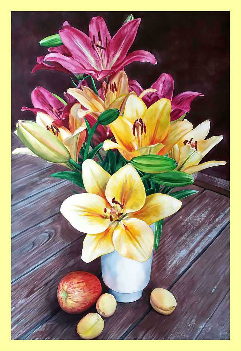 Букет. - фрукты, натюрморт, букет, цветы, лилии, живопись - оригинал