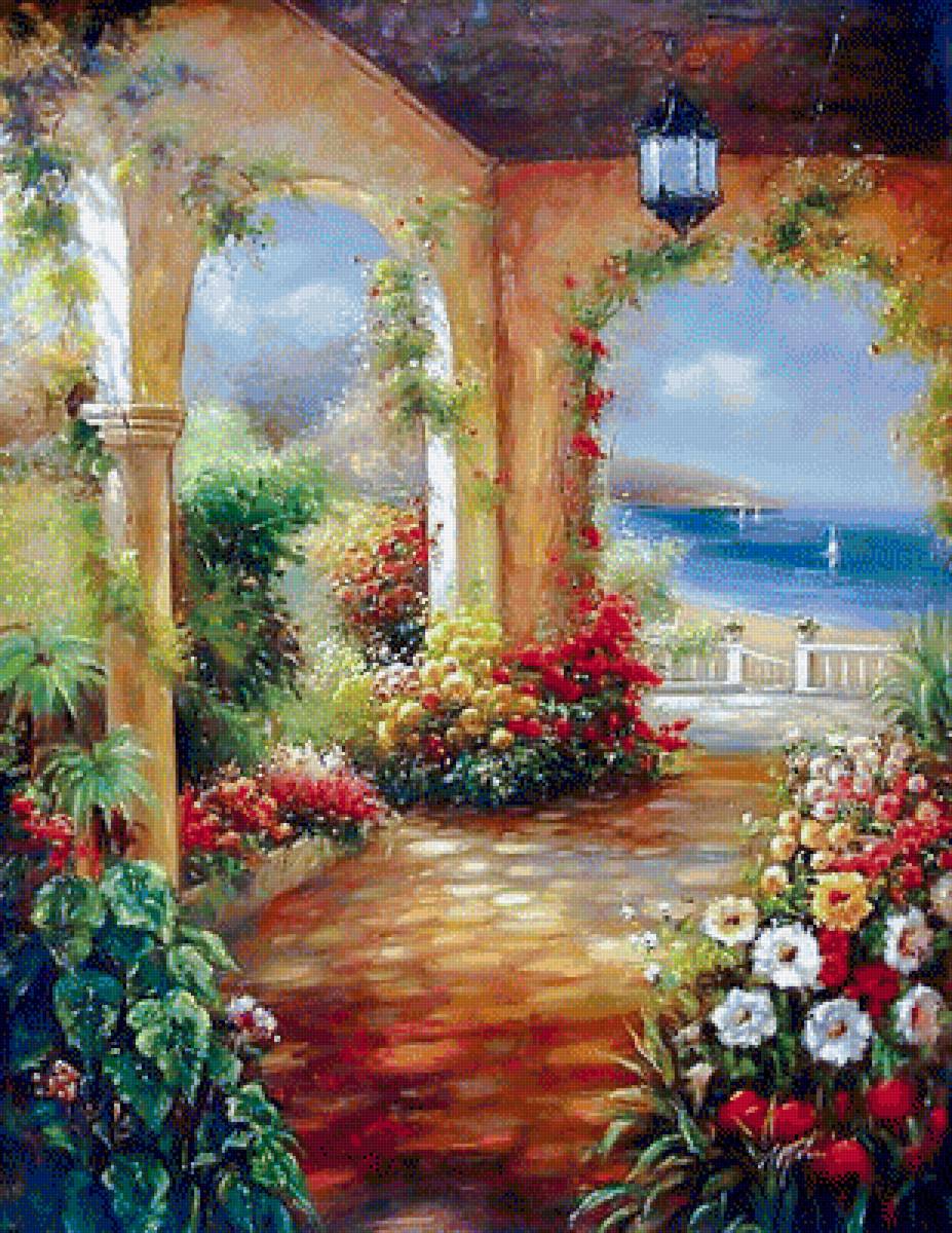 Garden Terrace by the Sea. - seascapes.flowers and gardens. - предпросмотр